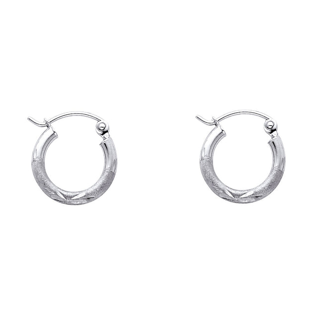 14K White Gold 2mm Diamond-Cut Round Tube Hoop Earrings - 12mm