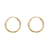 14K Yellow Gold Polished 1.2mm Round Tube Endless Hoop Earrings 12mm on White Background