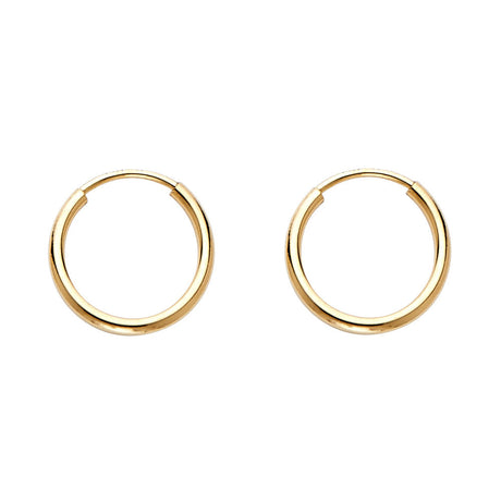 14K Yellow Gold Polished 1.2mm Round Tube Endless Hoop Earrings 12mm on White Background