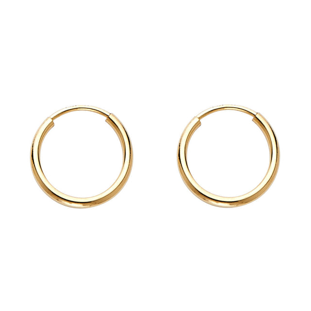 14K Yellow Gold Polished 1.2mm Round Tube Endless Hoop Earrings 12mm on White Background