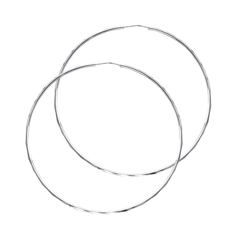 14K White Gold Faceted 1.5mm Round Tube Hoop Earrings 55mm on White Background