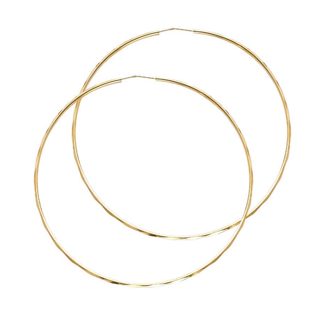 14K Yellow Gold Faceted 1.5mm Round Tube Hoop Earrings 55mm on White Background