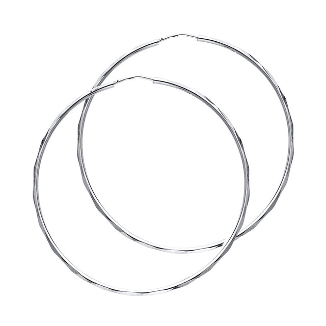 14K White Gold Faceted 1.5mm Round Tube Hoop Earrings 35mm on White Background