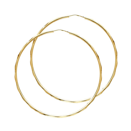 14K Yellow Gold Faceted 1.5mm Round Tube Hoop Earrings 35mm on White Background