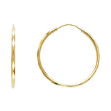 14K Yellow Gold Faceted 1.5mm Round Tube Hoop Earrings 25mm on White Background