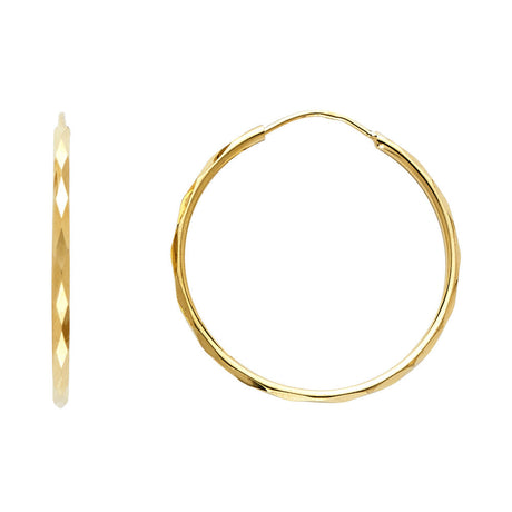 14K Yellow Gold Faceted 1.5mm Round Tube Hoop Earrings 25mm on White Background