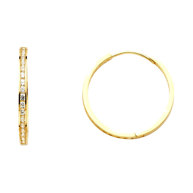 14K Yellow Gold Round CZ Channel Huggie Earring on White Background