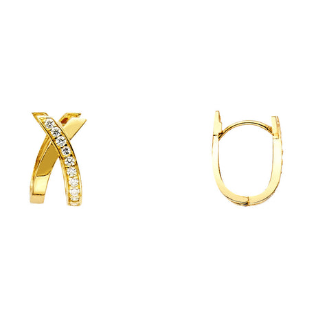 14K Yellow Gold CZ Crossover Huggie Earrings on white background - Italian Fashions