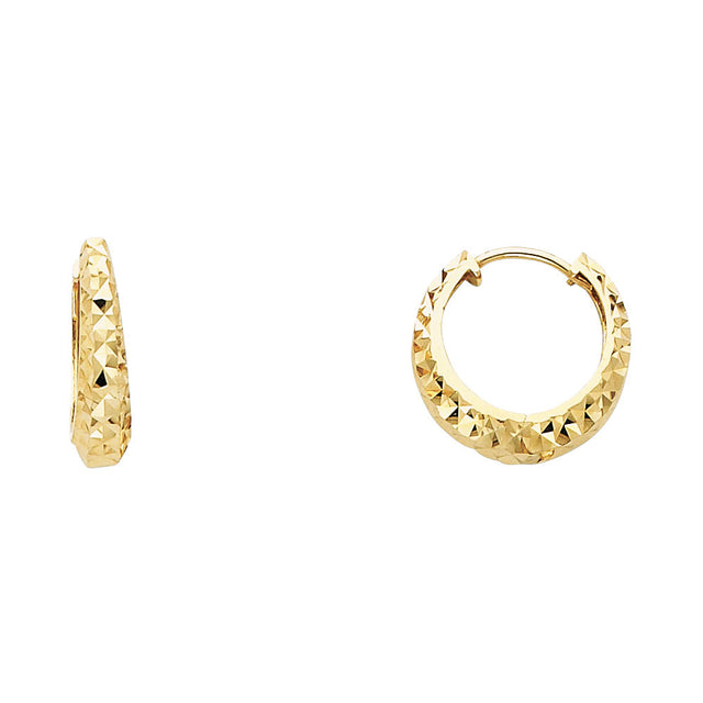 14K Yellow Gold Faceted Diamond-Cut Huggie Earring on White Background