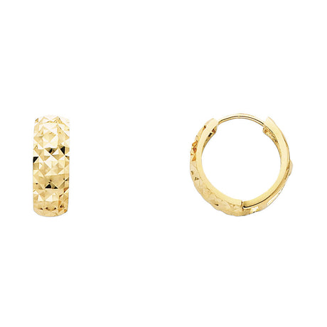 14K Yellow Gold Faceted Diamond-Cut Huggie Earring on White Background