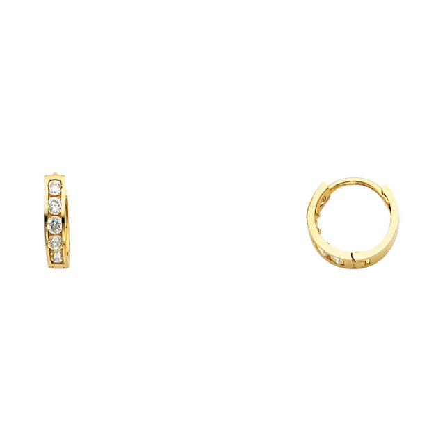 14K Yellow Gold Single-Row CZ Huggie Earring on White Background