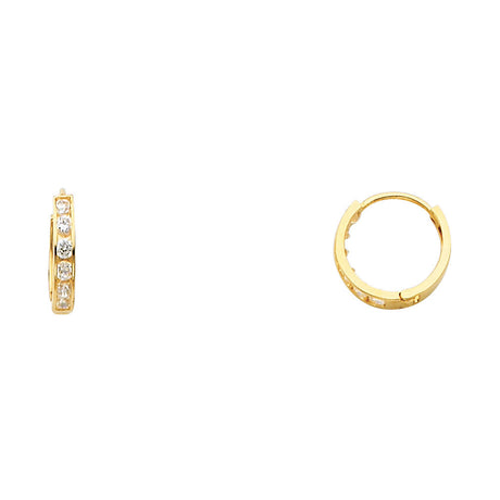 14K Yellow Gold Single-Row CZ Huggie Earring on White Background
