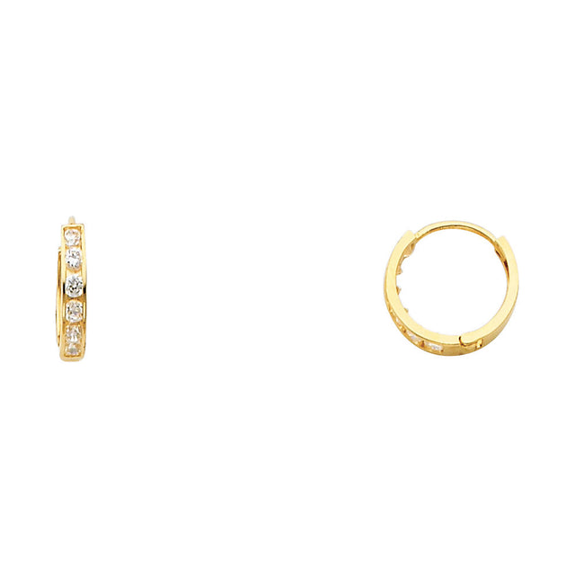 14K Yellow Gold Single-Row CZ Huggie Earring on White Background