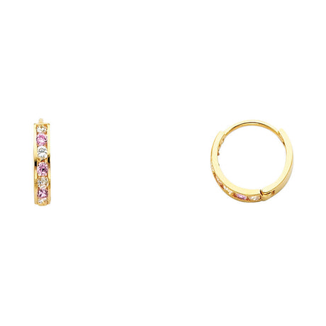 14K Yellow Gold Single-Row CZ Huggie Earring on White Background