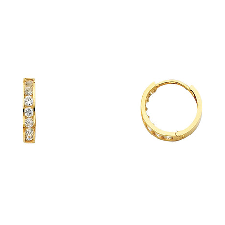 14K Yellow Gold Single-Row CZ Huggie Earring on White Background