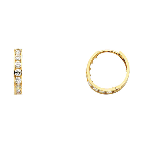 14K Yellow Gold Single-Row CZ Huggie Earring on White Background