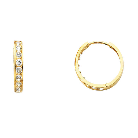14K Yellow Gold Single-Row CZ Huggie Earring on White Background