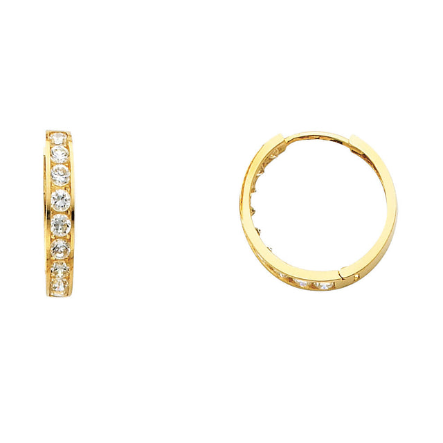 14K Yellow Gold Single-Row CZ Huggie Earring on White Background
