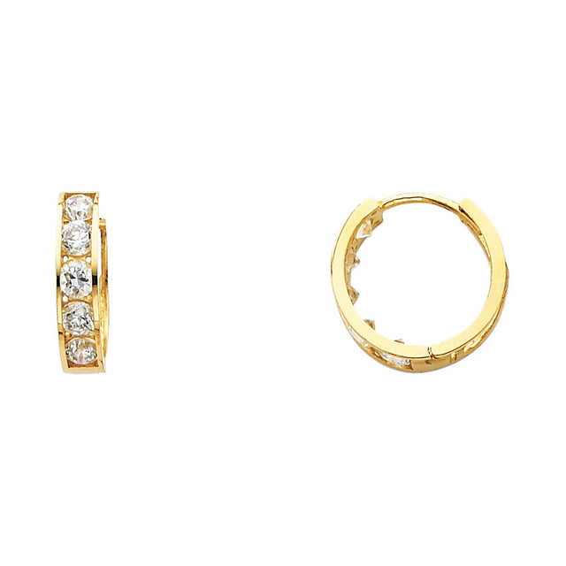 14K Yellow Gold Double-Row CZ Huggie Earring on White Background