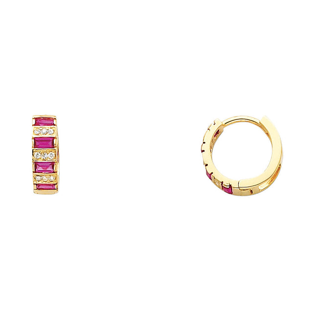 14K Yellow Gold Red & White CZ Huggie Earrings on white background - Italian Fashions