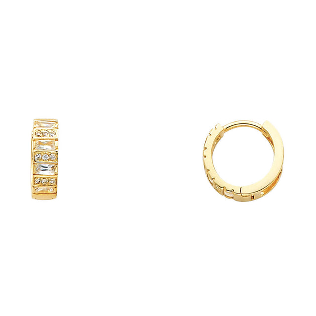 14K Yellow Gold Double-Row CZ Huggie Earring on White Background