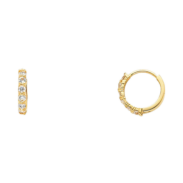 14K Yellow Gold Single-Row CZ Huggie Earring on White Background