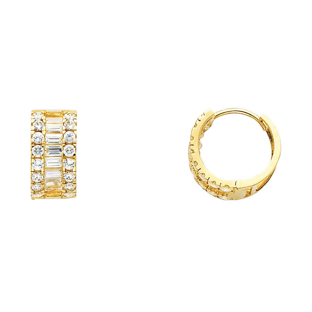 14K Yellow Gold Three-Row Baguette & CZ Huggie Earrings on white background - Italian Fashions