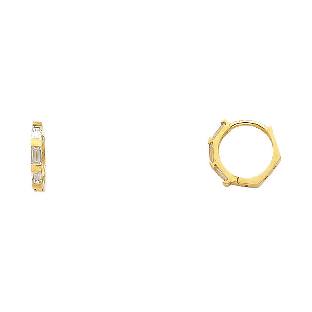14K Yellow Gold Single-Row CZ Huggie Earring on White Background