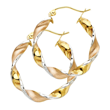 14K Tricolor Gold Small Swirl Hoop Earrings on white background - Italian Fashions