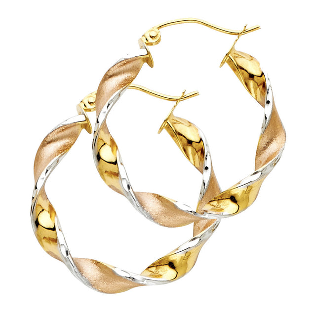 14K Tricolor Gold Small Swirl Hoop Earrings on white background - Italian Fashions