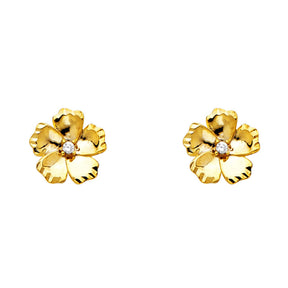 14K Yellow Gold CZ Flower Stud Earrings on White Background