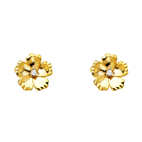 14K Yellow Gold CZ Flower Stud Earrings on White Background