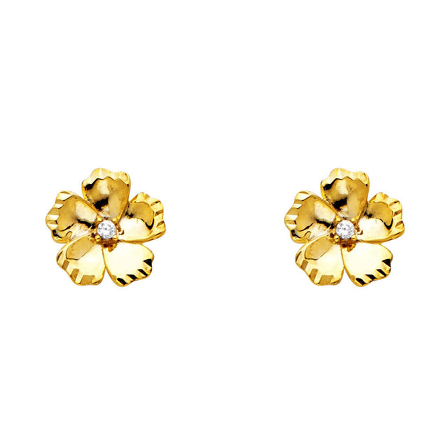 14K Yellow Gold CZ Flower Stud Earrings on White Background