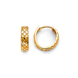 14K Yellow Gold Basketweave Diamond-Cut Huggie Earring on White Background