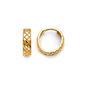 14K Yellow Gold Basketweave Diamond-Cut Huggie Earring on White Background