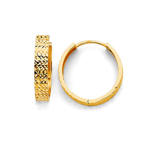 14K Yellow Gold Diamond-Cut Lattice Huggie Earrings on white background - Italian Fashions