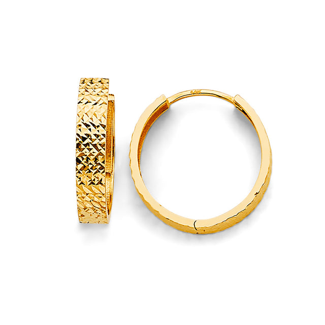 14K Yellow Gold Basketweave Diamond-Cut Huggie Earring on White Background