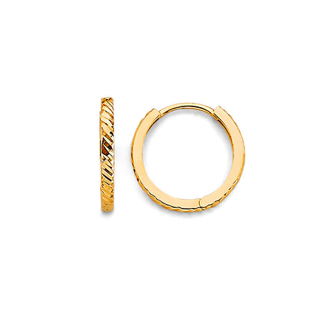 14K Yellow Gold Diamond-Cut Huggie Earring on White Background