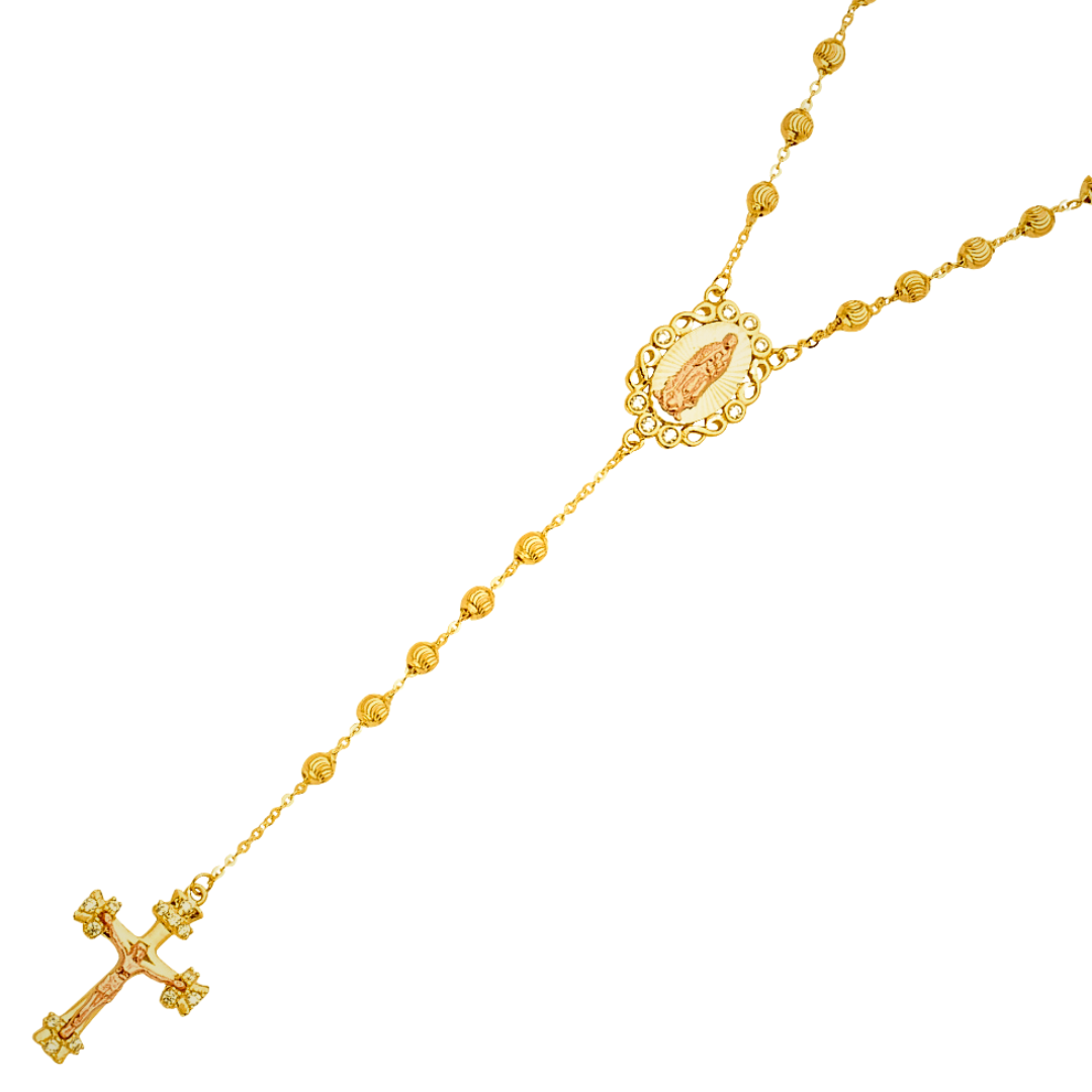 14K Real Gold Three Color 3mm Moon-Cut Ball Cubic Zirconia Rosary Religious Necklace