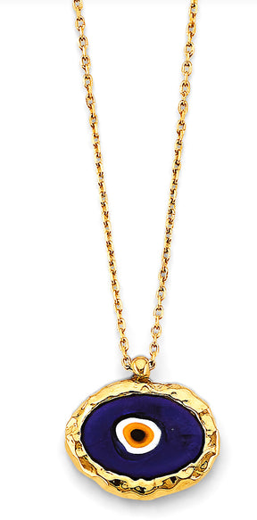 14K Yellow Gold Enamel Evil Eye Necklace on white background