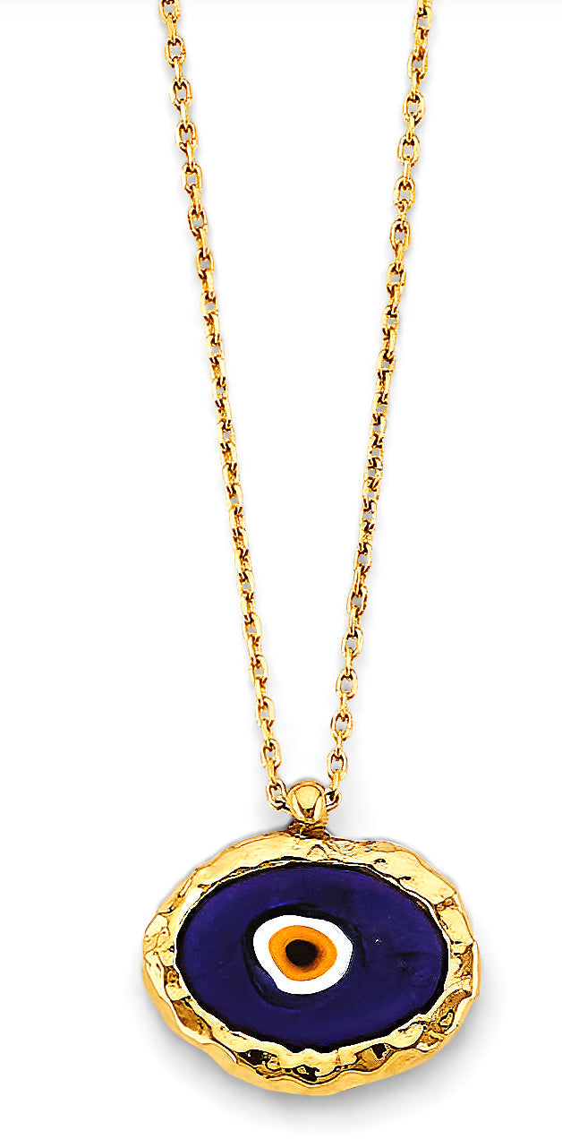 14K Yellow Gold Enamel Evil Eye Necklace on white background