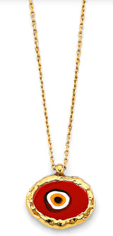 14K Yellow Gold Enamel Evil Eye Necklace on white background
