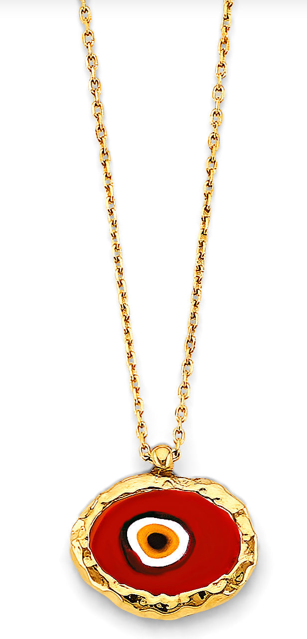 14K Yellow Gold Enamel Evil Eye Necklace on white background