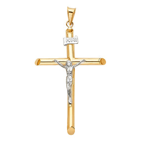 14K Gold Round Tube Crucifix Pendant