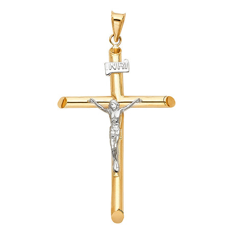 14K Gold Round Tube Crucifix Pendant
