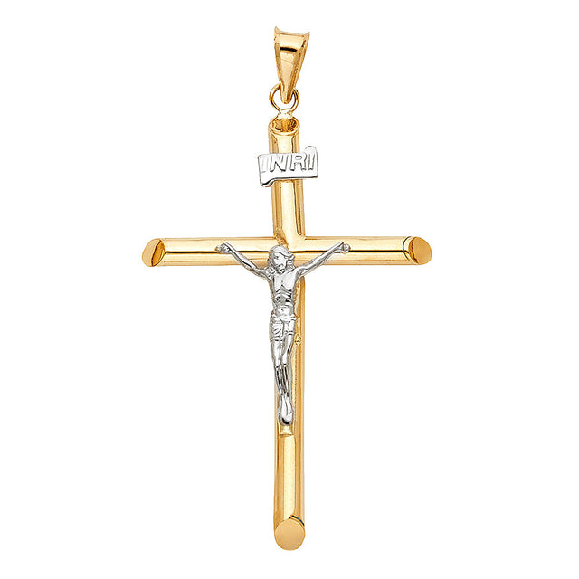 14K Gold Round Tube Crucifix Pendant