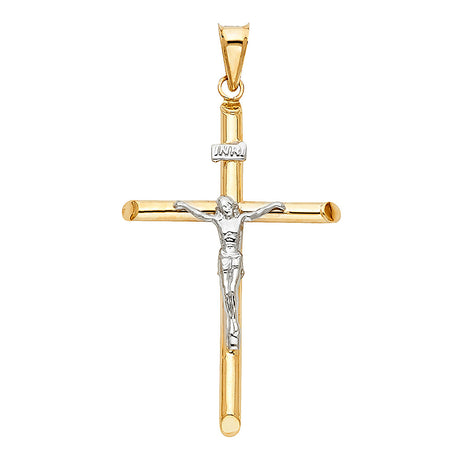 14K Gold Round Tube Crucifix Pendant