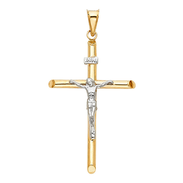 14K Gold Round Tube Crucifix Pendant