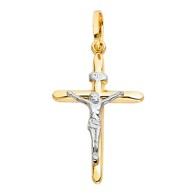 14K Two-Tone Gold Rounded Crucifix Pendant — Small