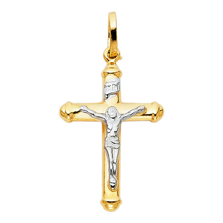 14K Two-Tone Gold Ball-End Tube Crucifix — Small